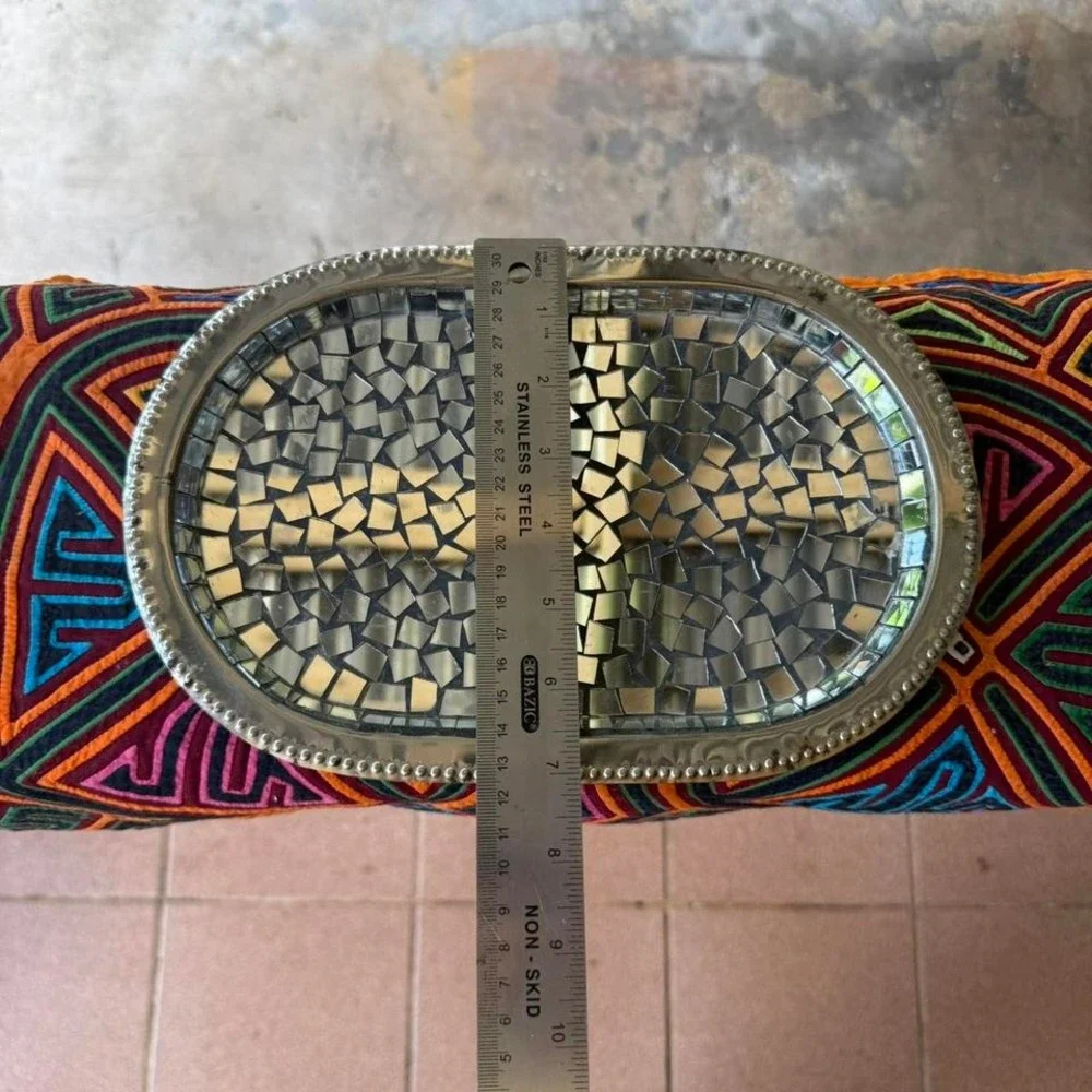 Oval Mirror Mosaic Tray Silver Tone Glass Metal Decor Serving‎ 11